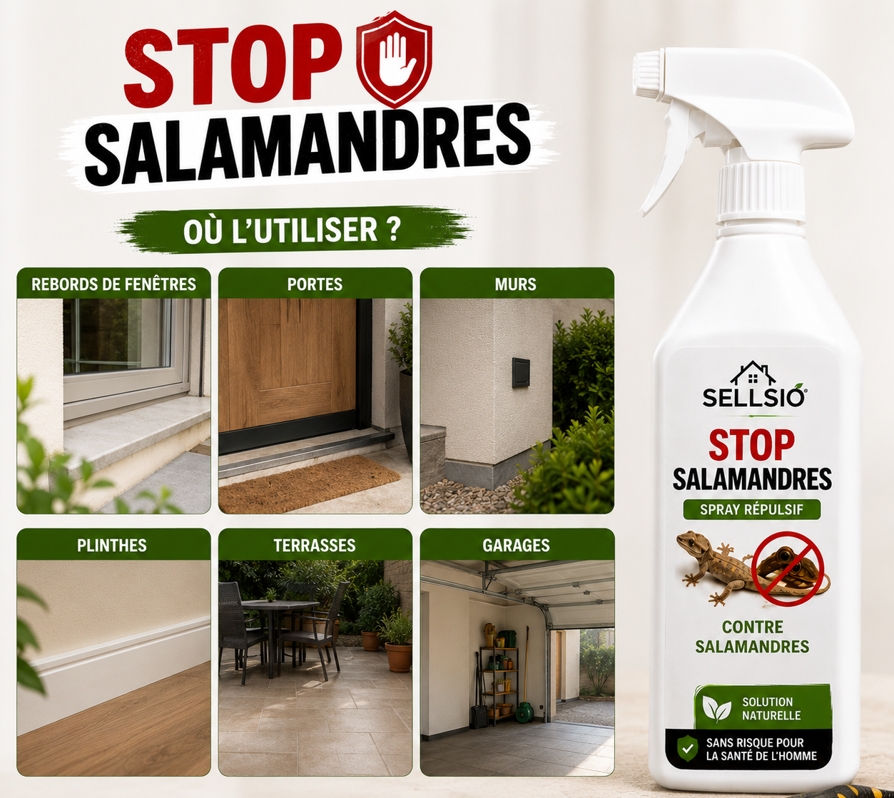 SELLSIO™ STOP SALAMANDRES- Spray Répulsif -Solution Efficace pour Éloigner les Salamandres de Votre Maison