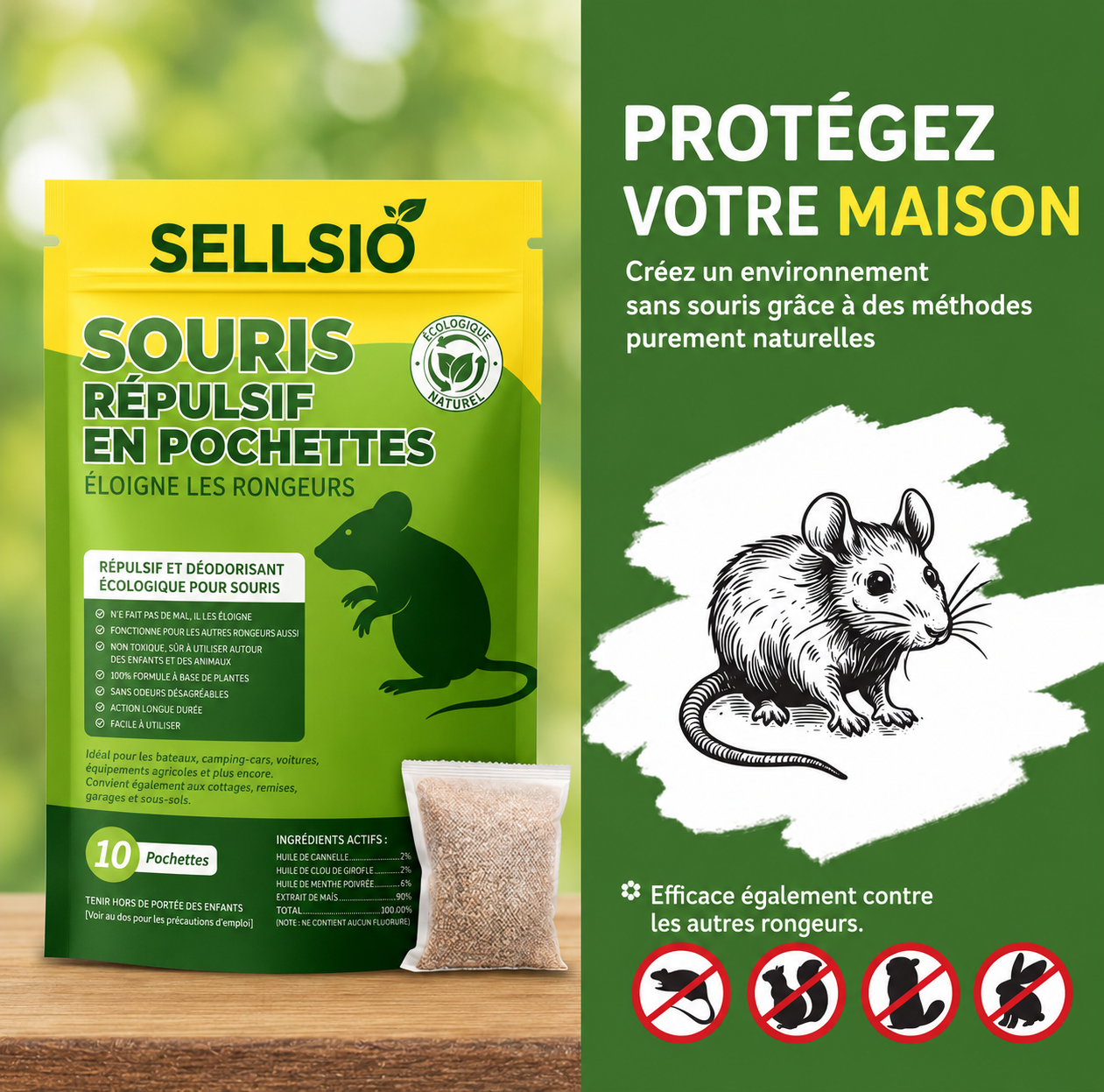 Répulsif STOP SOURIS Sellsio- Éloigne les Rongeurs Sans Produits Toxiques – Pour Maison & Garage