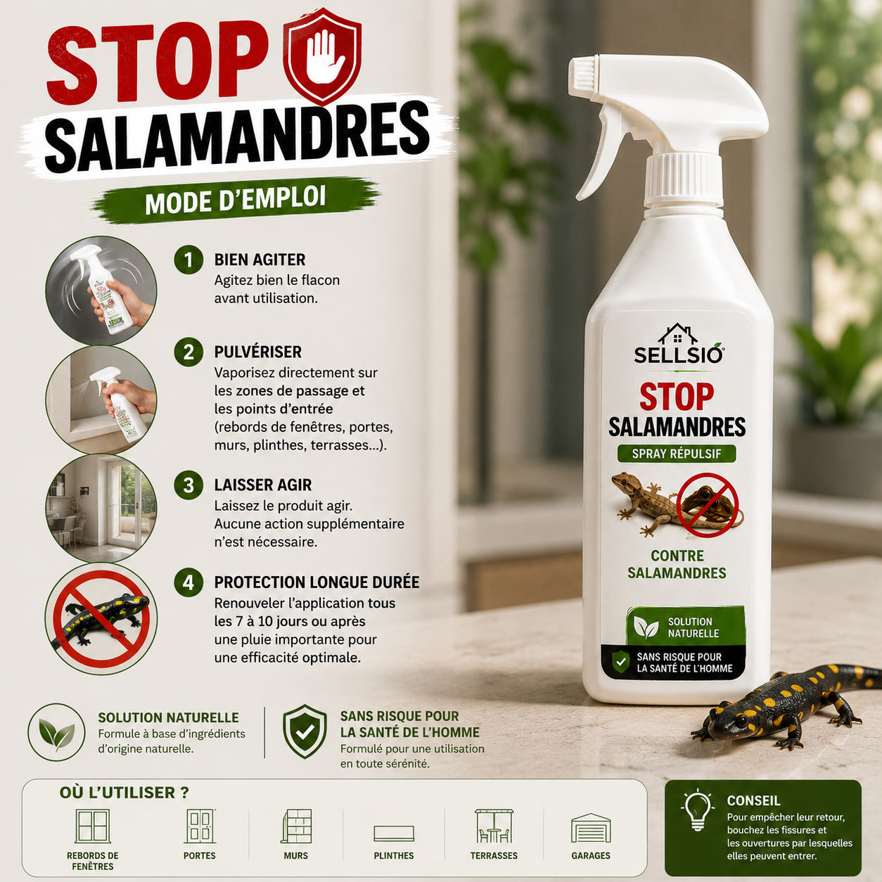 SELLSIO™ STOP SALAMANDRES- Spray Répulsif -Solution Efficace pour Éloigner les Salamandres de Votre Maison
