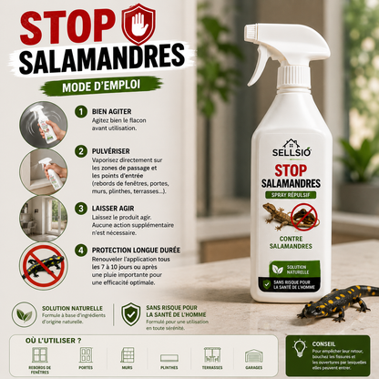 SELLSIO™ STOP SALAMANDRES- Spray Répulsif -Solution Efficace pour Éloigner les Salamandres de Votre Maison